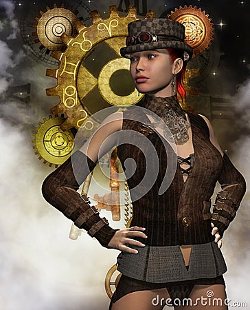 Steampunk woman before a transmission Stock Photo