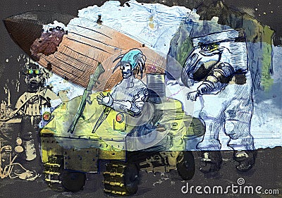 Steampunkers on the moon - sci-fi - hand drawn- retro processing Stock Photo