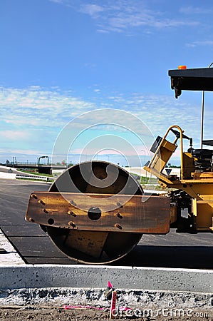 Steamroller at Road Construction Site Stock Photo