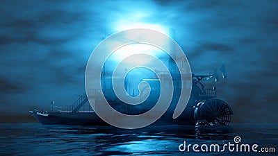 steamship sailing in the fog in blue lighting Cartoon Illustration