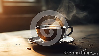 Steamy cappuccino on rustic wood table generated by AI Stock Photo
