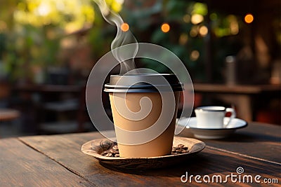 Steamy coffee in a cup, placed on a wooden surface Stock Photo