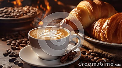 Steamy cup of cappuccino and croissants on wooden table.Generative ai Stock Photo