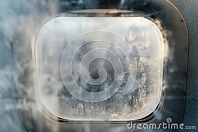 A Steamy, Fogged-Up Porthole Obscures the View from a Vehicle, Creating an Abstract Image with Hints of the Outside Stock Photo