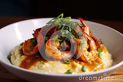 Steamy and Savory Shrimp and Grits with a Cajun Twist Stock Photo