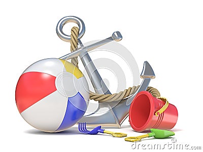 Steel anchor, beach ball and saving belt 3D Cartoon Illustration