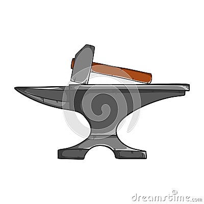 Steel anvil with hammer, forge workshop. Cartoon style vector Stock Photo