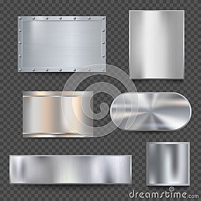 Steel banners. Realistic metallic shiny plaque plate vector detailed textures Vector Illustration