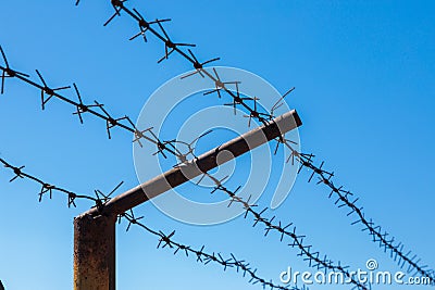 Steel barbed wire on the fence in the prison. Close-up Stock Photo