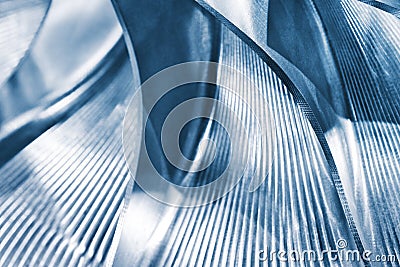Steel blades of turbine propeller. Close-up view. Selected focus on foreground. Industrial concept Stock Photo