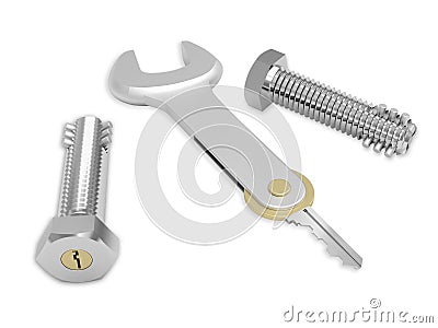 Steel bolts with built-in lock and conceptual key Stock Photo