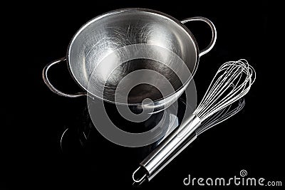 Steel bowl with whisker from high angle with reflection black Stock Photo