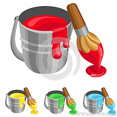 The steel bucket with paint and brush Vector Illustration