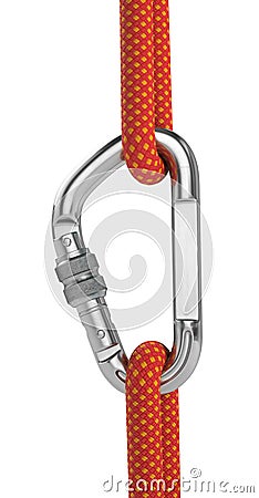 Steel carabiner hook with a climbing rope isolated on white Stock Photo