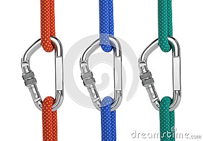 Steel carabiner hook with a red, blue and green climbing rope isolated on white Stock Photo