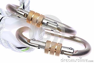 Steel carabiners with rope isolated Stock Photo