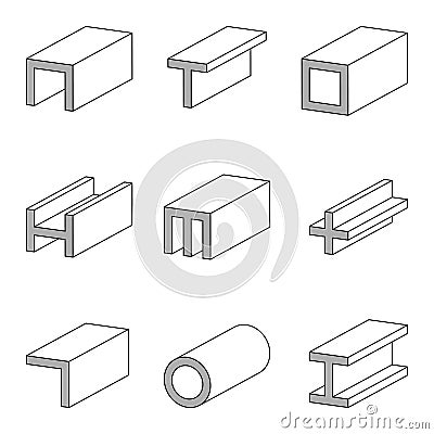 Steel cections icon, profiles, plates and tubes , set vector line icon steel pipe and beam product for construction industry work Vector Illustration