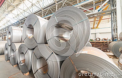 Steel coils inside a factory Stock Photo