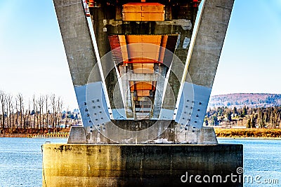 Steel and Concrete structure of Mission Bridge over the Fraser River on Highway 11 between Abbotsford and Mission Stock Photo