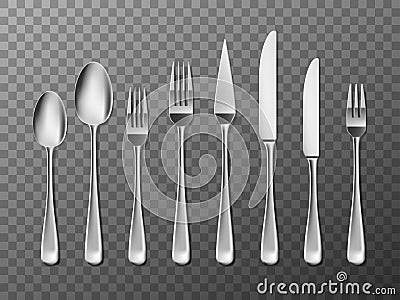 Steel Cutlery, knife, fork and spoon in realistic style. Cutlery set design isolated. Vector illustration Vector Illustration