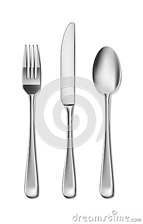 Steel Cutlery, knife, fork and spoon in realistic style. Fork and knife spoonset design isolated on white. Vector Vector Illustration