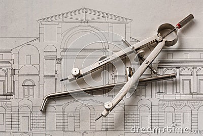 Compass on a old architecture engraving project Vector Illustration