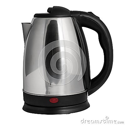 Steel electric kettle on a black stand with a black handle on a white background. macro. side view Stock Photo