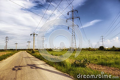 Steel electricity pylon on bright blue sky Stock Photo