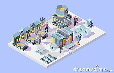 Steel factory. Foundry metallurgy processes in factory interior isometric workers vector Vector Illustration