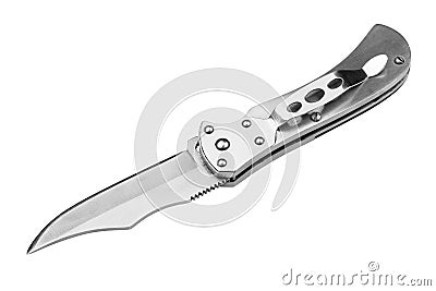 Steel folding knife with an open blade isolated on a white background Stock Photo