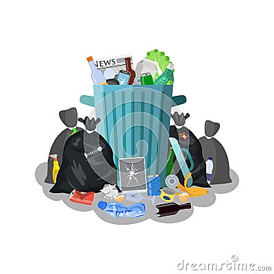 Steel garbage bin full of trash. Vector Illustration