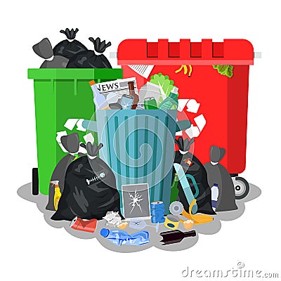 Steel garbage bin full of trash. Vector Illustration