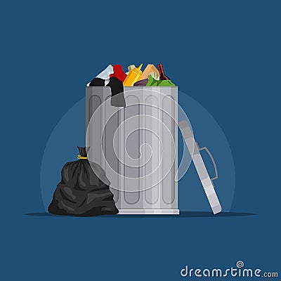 Steel garbage bin full of trash. Trash can with rubbish isolated on blue background. Wheelie bin and trash bag. Scene Cartoon Illustration