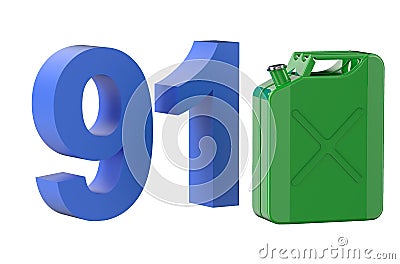 Steel green jerrycan with 91 gasoline Stock Photo