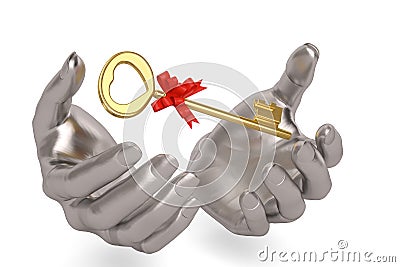 Steel hands and gold key,3D illustration. Cartoon Illustration