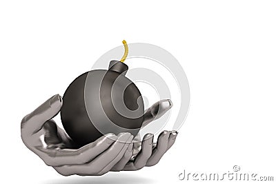 Steel hands keeping holding bomb,3D illustration. Cartoon Illustration