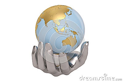 Steel hands keeping holding or protecting globe,3D illustration. Cartoon Illustration