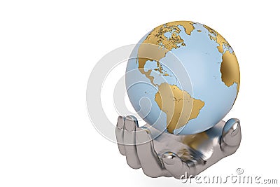 Steel hands keeping holding or protecting globe,3D illustration. Cartoon Illustration