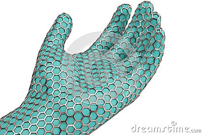 Steel hexagon mesh hand on white background.3D illustration. Cartoon Illustration