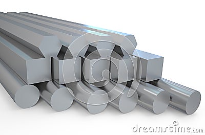 Steel hexagon and round bars and square rods Stock Photo