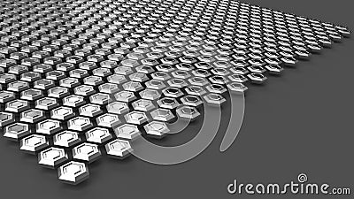 The steel hexagons levitating above gray surface. Abstract industrial background Cartoon Illustration