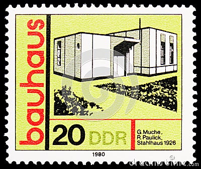 Postage stamp printed in Germany Democratis Republic, shows Steel House, Dessau, Artistic Training `Bauhaus` serie, circa 1980 Editorial Stock Photo