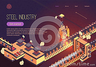 Steel Industry Banner with Iron Smelting Conveyor Vector Illustration