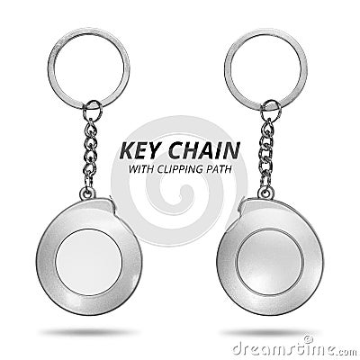 Steel key chain isolated on white background. Blank key ring in measuring tape concept. Clipping path Stock Photo