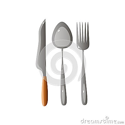 Steel knife with wood hand, metal spoon and fork Vector Illustration