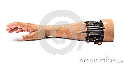 Steel mechanical inside human hand Stock Photo