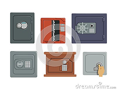 Steel and Metal Safe or Strongbox as Secure Lockable Box for Saving Valuable Object Vector Set Vector Illustration