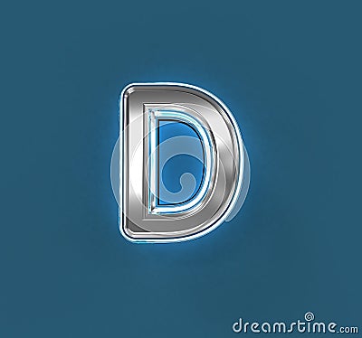 Steel metallic alphabet with white outline and blue backlight - letter D isolated on blue background, 3D illustration of symbols Cartoon Illustration