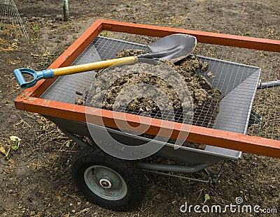 Steel modern cart, sieve for ground and metal shovel Stock Photo