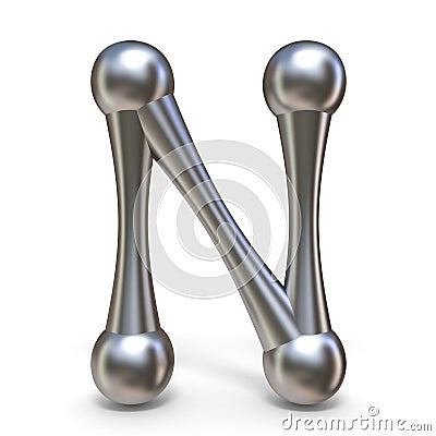 Steel molecular font Letter N 3D Cartoon Illustration